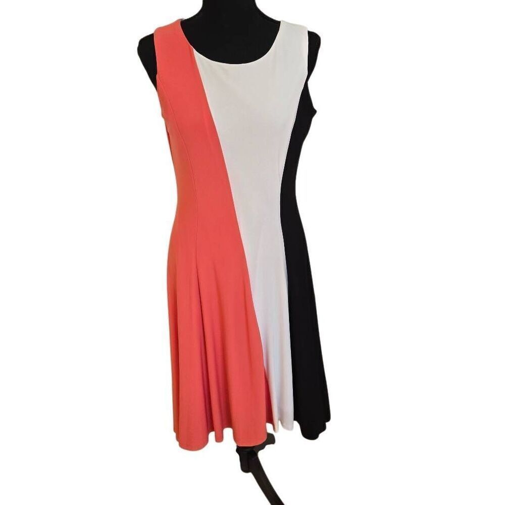 Nine West Womens Colorblock Sleeveless Midi Fit & Flare Dress Multicolor Small